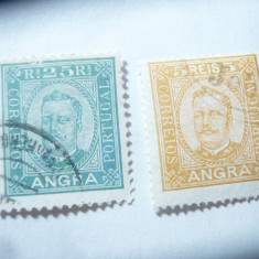 2 Timbre Angra Colonie Portugheza 1892 Rege Carlos I ,5 si 25r stampilate