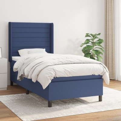 Pat box spring cu saltea, albastru, 90x190 cm, textil foto