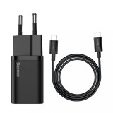 INCARCATOR retea Baseus Super Si, Quick Charge 25W, 1 x USB Type-C 5V/3A max, include cablu USB Type-C la USB Type-C 1m, negru &quot;TZCCSUP-L01&quot; (timbru v