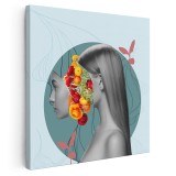 Tablou pop art colaj femeie si flori, galben, gri 1402 Tablou canvas pe panza CU RAMA 40x40 cm