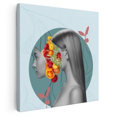 Tablou pop art colaj femeie si flori, galben, gri 1402 Tablou canvas pe panza CU RAMA 30x30 cm