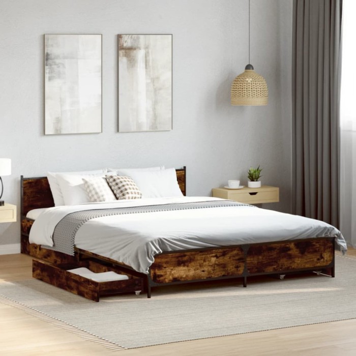 vidaXL Cadru pat cu sertare stejar fumuriu 135x190 cm lemn prelucrat 3279949