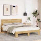 Cadru Pat Stejar Masiv 140x200 cm vidaXL Maro, Tăblie, Somieră Inclusă, Spațiu Depozitare