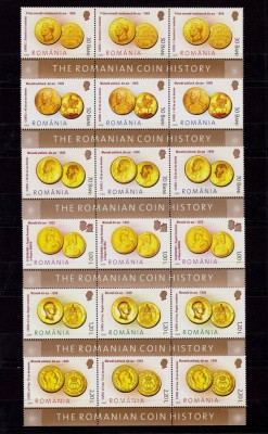 ✅RO 2006 LP 1710 &amp;quot;Istoria Monedei Romanesti&amp;quot;, 3 serii in straif + margine minicoala ( sus sau jos ! ) , MNH foto
