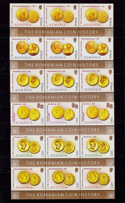 ✅RO 2006 LP 1710 &quot;Istoria Monedei Romanesti&quot;, 3 serii in straif + margine minicoala ( sus sau jos ! ) , MNH