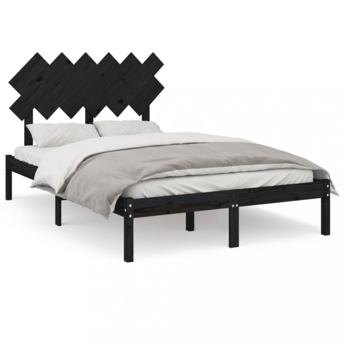Cadru de pat dublu, negru, 135x190 cm, lemn masiv