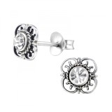Cercei Argint 925 cu Cristale Swarovski Albe, Floare Bali, Sistem Surub, Cutie Cadou