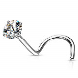 Piercing pentru nas, curbat din oțel, zircon mic transparent &icirc;n montură, 2 mm - Bilă: 3 mm