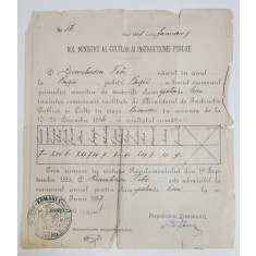 CERTIFICAT DE STUDII , SEMNAT OLOGRAF DE SPIRU HARET , MINISTRUL CULTELOR SI INSTRUCTIUNEI PUBLICE , 9 IANUARIE 1887