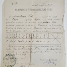 CERTIFICAT DE STUDII , SEMNAT OLOGRAF DE SPIRU HARET , MINISTRUL CULTELOR SI INSTRUCTIUNEI PUBLICE , 9 IANUARIE 1887