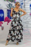 U701RR-141 Rochie chic lunga, de vara, stil maxi cu imprimeu floral si volanas