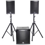 Set boxe 800W RMS profesionale Elokance, subwoofer, 2 sateliti, 2 suporti pentru boxe, 2 cabluri speakON