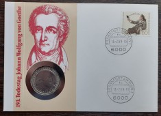 GERMANIA - FDC SI MONEDA 5 MARK 1982 D, 150 ANI MOARTEA LEUI GOETHE, MONEDA UNC