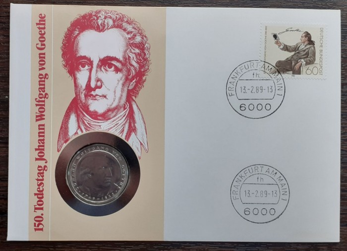 GERMANIA - FDC SI MONEDA 5 MARK 1982 D, 150 ANI MOARTEA LEUI GOETHE, MONEDA UNC
