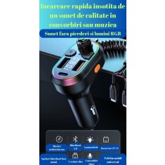 Reduceri.Incarcator rapid masina type C, PD 25w, bluetooth,handsfre,RGB,radio FM