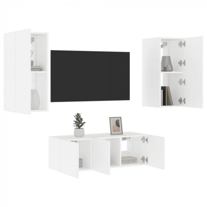 Unitati de perete TV cu LED-uri, 4 piese, alb, lemn prelucrat GartenMobel Dekor