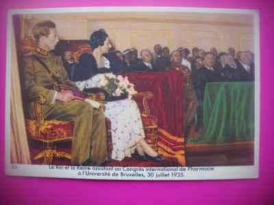 HOPCT 6354 CU REGELE LA CONGRESUL INT FARMACIE BRUXELLES -1935-REGINA ASTRID-FAMILIA REGALA BELGIA-CROMO LITHO-CIOCOLATA COTE D&amp;#039;OR foto