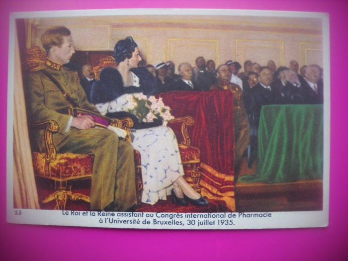 HOPCT 6354 CU REGELE LA CONGRESUL INT FARMACIE BRUXELLES -1935-REGINA ASTRID-FAMILIA REGALA BELGIA-CROMO LITHO-CIOCOLATA COTE D&#039;OR