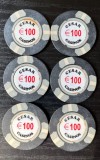 Lot 6 Jetoane Cazinou Vintage Cesar Casinos &euro;100 Anii 90 (Colecție / Miez Metalic)