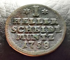 GERMANIA - HESSEN - KASSEL - 1 Heller 1758 - stare foarte buna - cupru foto
