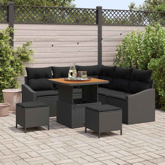 Set canapele de grădină 8 piese cu perne, rattan negru și acacia