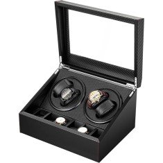 Cutie intors ceasuri iUni, Watch Winder 4 + 6 spatii depozitare, Piele ecologica, Carbon