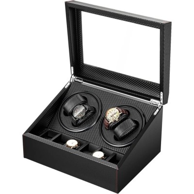 Cutie intors ceasuri iUni, Watch Winder 4 + 6 spatii depozitare, Piele ecologica, Carbon foto
