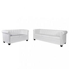 vidaXL Canapea Chesterfield cu 2 și 3 locuri, piele artificială, alb