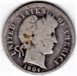 SUA One Dime=10 Cents 1904 argint 90% 2,5 grame necuratata cu patina, America de Nord