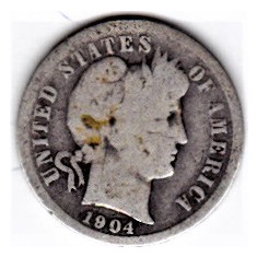 SUA One Dime=10 Cents 1904 argint 90% 2,5 grame necuratata cu patina