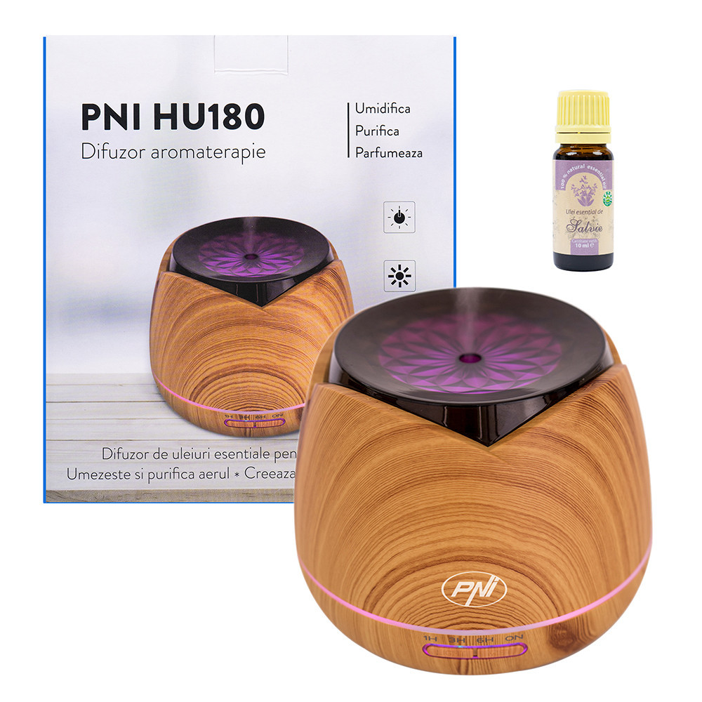 Difuzor aromaterapie PNI HU180 pentru uleiuri esentiale, cu ultrasunete  include Ulei de Salvie 10ml | Okazii.ro