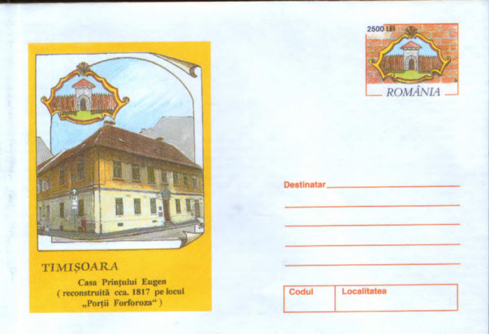 Intreg postal plic nec 2001 -Timisoara - Casa Printului Eugen