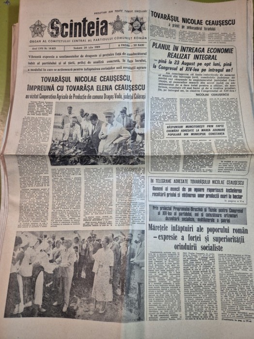 ziarul scanteia 29 iulie 1989 - vizita lui ecausescu in comuna dragos voda judetul calarasi