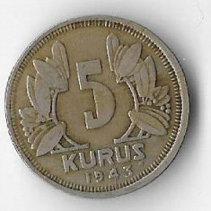 Moneda 5 kurus 1943 - Turcia