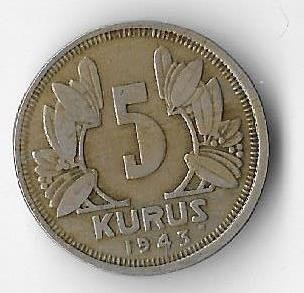 Moneda 5 kurus 1943 - Turcia foto