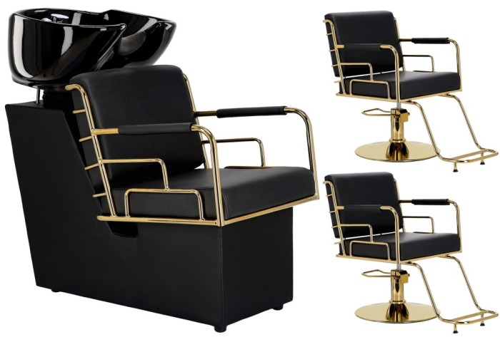 Set scafa coafor profesionala unitate spalare model Zion 2 scaune coafura suport hidraulic pivotant picioare accesorii bol ceramic