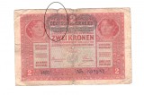 Bancnota Austro-Ungaria 2 kronen/korona/coroane 1917, cu stampila, circulata, uzata