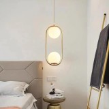 Lustra pe cablu, 2 globuri sticla alba, dulie E27, corp auriu, lungime reglabila maxim 1.5 m