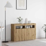 vidaXL Bufet Stejar Artisan, 116x30x75cm, Lemn Ingineresc, 3 Usi, Maro, Iluminare LED, Mobila Living