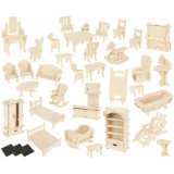 Cumpara ieftin Set mobilier din lemn pentru casuta papusilor, 34 obiecte de mobilier, 175 elemente, QBT