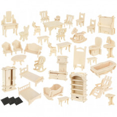Set mobilier din lemn pentru casuta papusilor, 34 obiecte de mobilier, 175 elemente, QBT