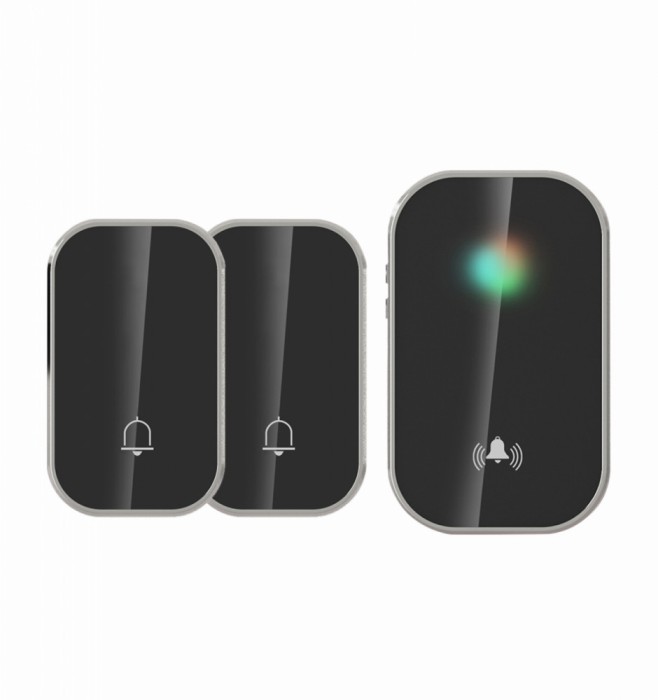 Sonerie fara fir si fara baterie 2 transmitatoare - comutator cinetic (2 butoane) si 1 receptor negru ( 1 sonerie) la priza , IP44