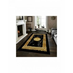 Covor de camera negru cu model romanic auriu si model de marmura 80x150cm