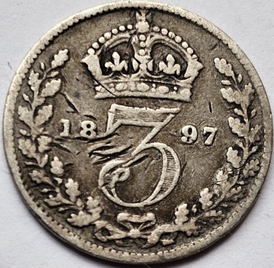 3 pence 1897 Marea Britanie, Victoria 3rd portrait , argint, km#777 foto
