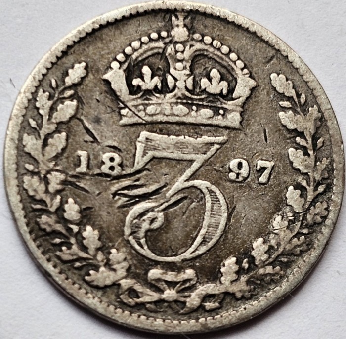 3 pence 1897 Marea Britanie, Victoria 3rd portrait , argint, km#777
