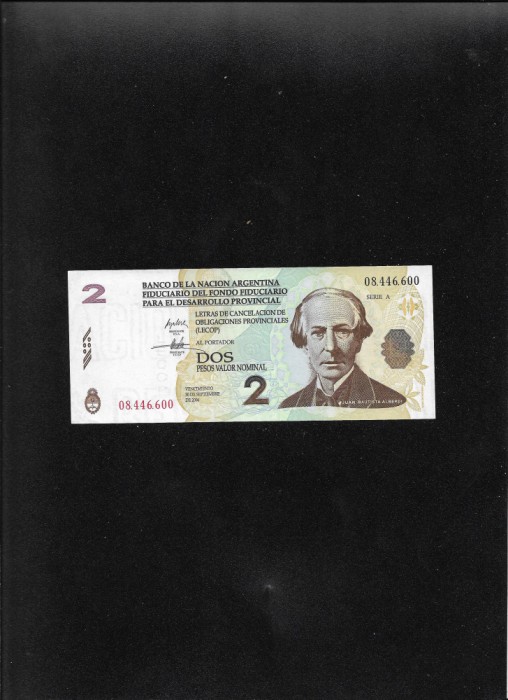 Rar! Argentina 2 pesos 2006 LECOP seria08446600 unc