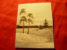 Tablou - Peisaj de iarna - ulei pe carton ,dim.= 12,7x 9,7cm foto