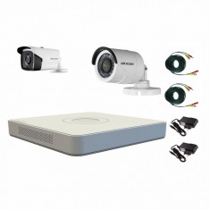 Kit 2 camere supraveghere Hikvision Exterior + DVR 4 canale HDTVI Turbo HD HikVision + Surse + Cablu sertizat foto