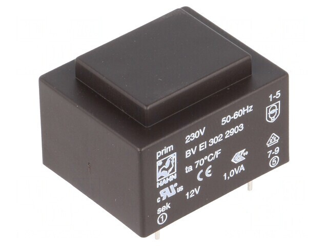 Transformator &icirc;ncapsulat 1VA 230VAC 12V 83mA PCB