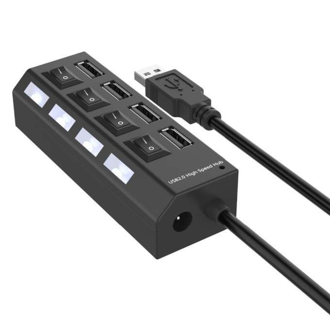 Hub USB, 4 slot-uri, 4 butoane, 4 LED-uri, 11 x 3 x 4 cm, negru